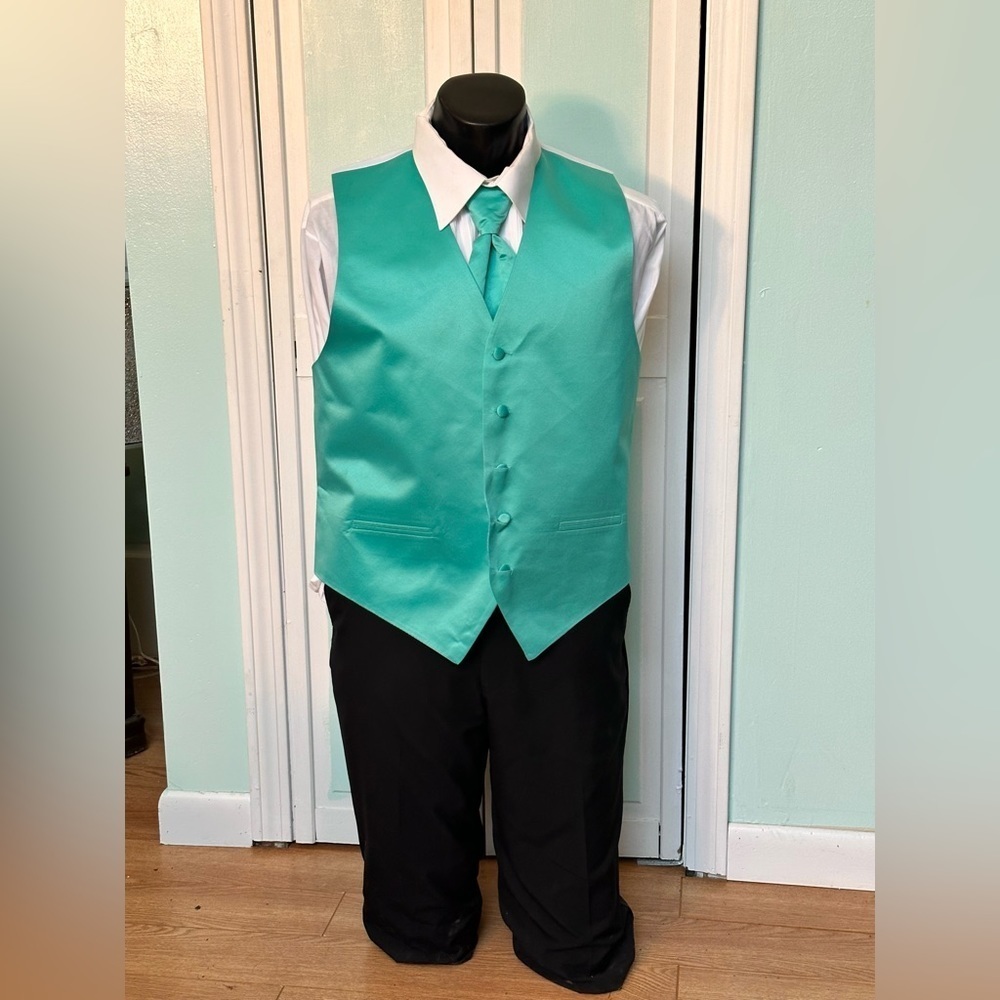 Mermaid Green Seafoam Satin Closed Back Vest tie Wedding Prom Men’s Large Tall